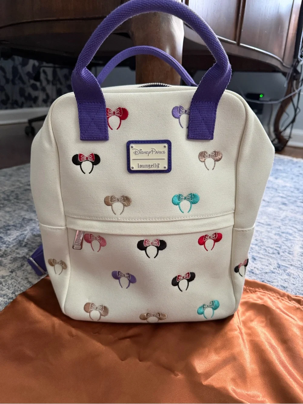 Disney Cream Mini Backpack with Purple Handles and Colorful Minnie Icons